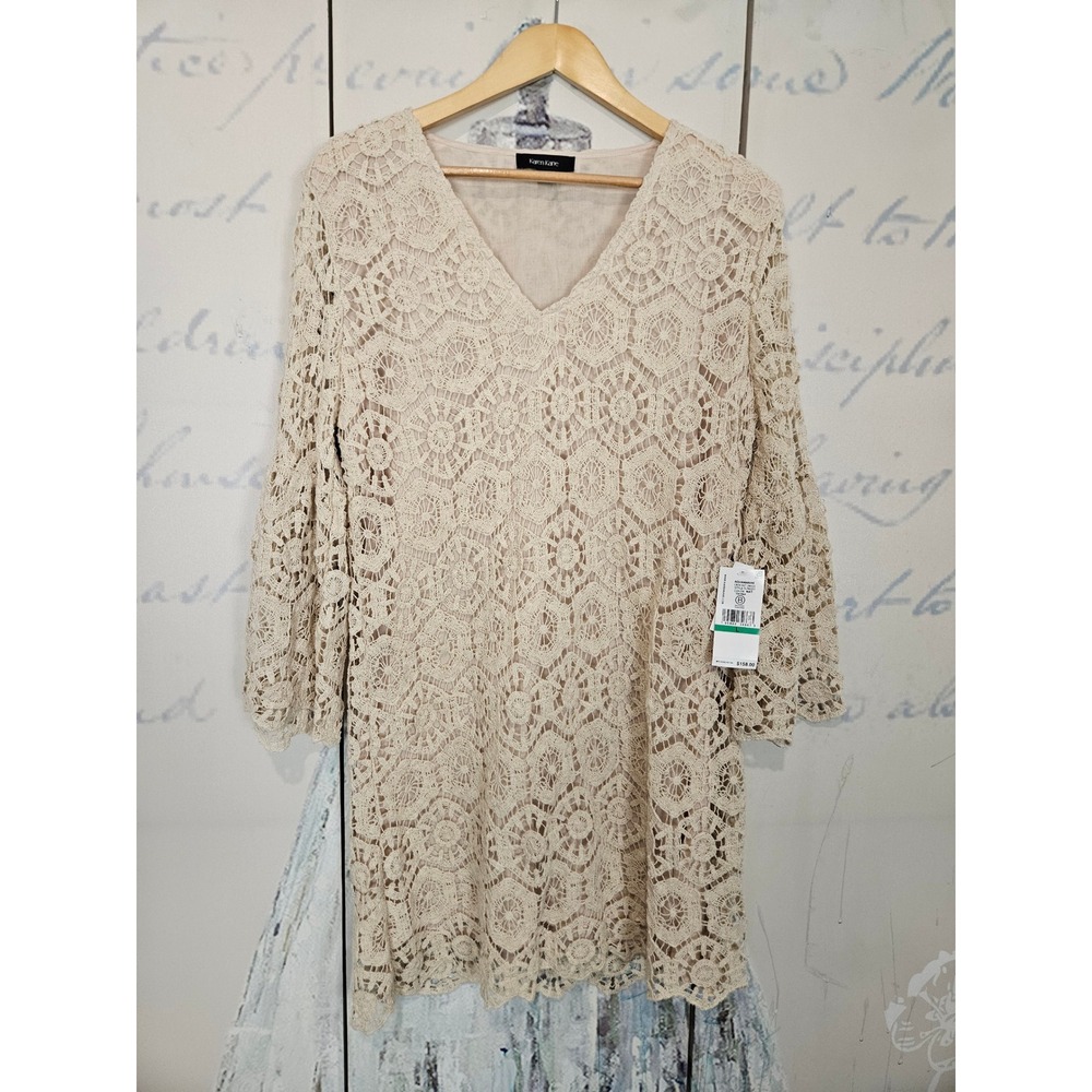 NWT Karen Kane Aquamarine Crochet Dress L Natural Beige Boho Lace Coastal $158